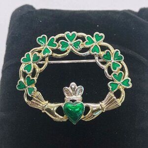 Sol D'Or Irish Silver Celtic Claddagh Brooch Hands Heart Green Enamel Shamrocks